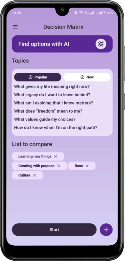 Decision Matrix option comparison screen