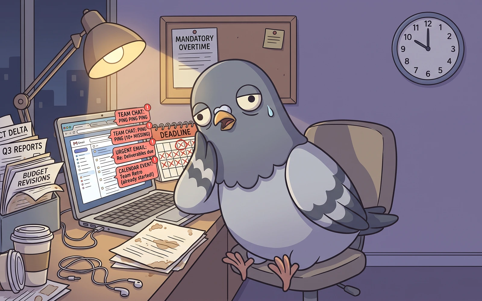 Pigeon resting at work, illustrating the effects of occupational burnout