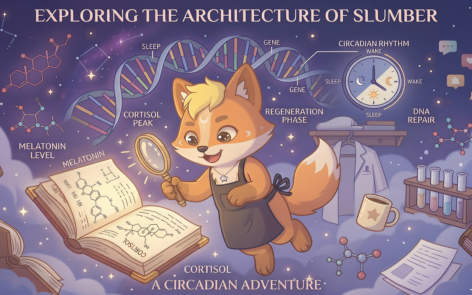 Fox scientist illustrating melatonin, cortisol and sleep chemistry